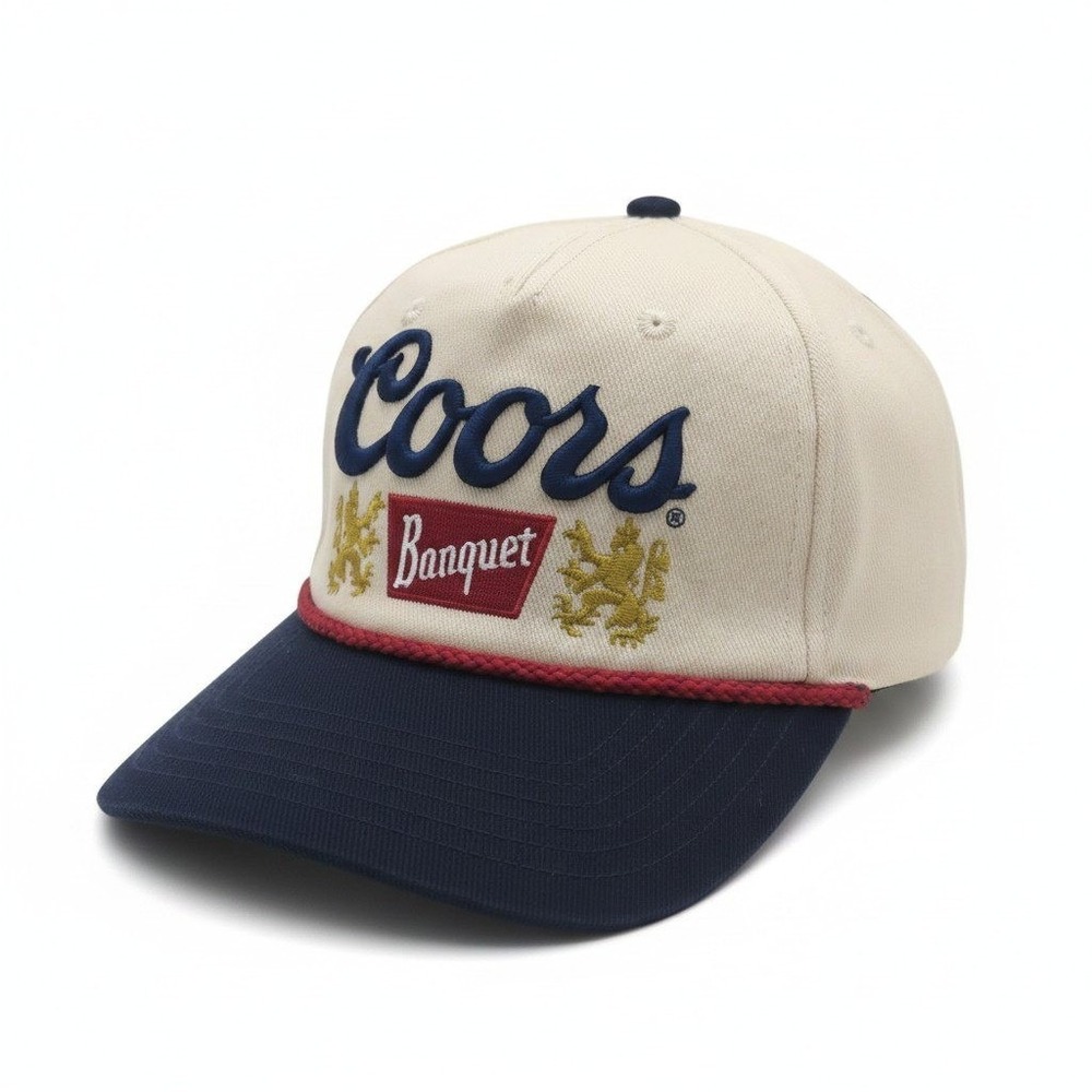 Coors Banquet Beer Snapback Hat Cream Navy Blue Braided Rope Mad Engine Cap NEW